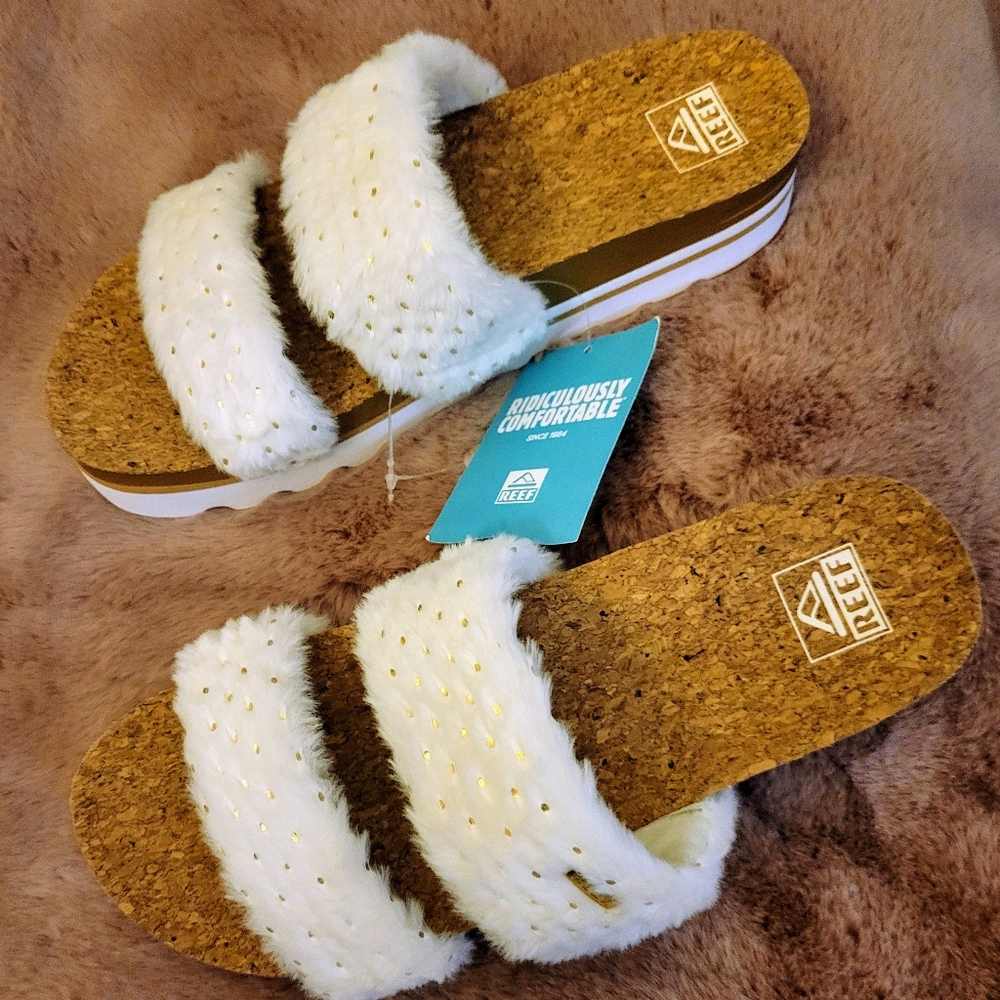 NEW Reef Cushion Vista Fuzzy Cork Slides Faux Fur White Beachy Size 10 - Picture 5 of 10